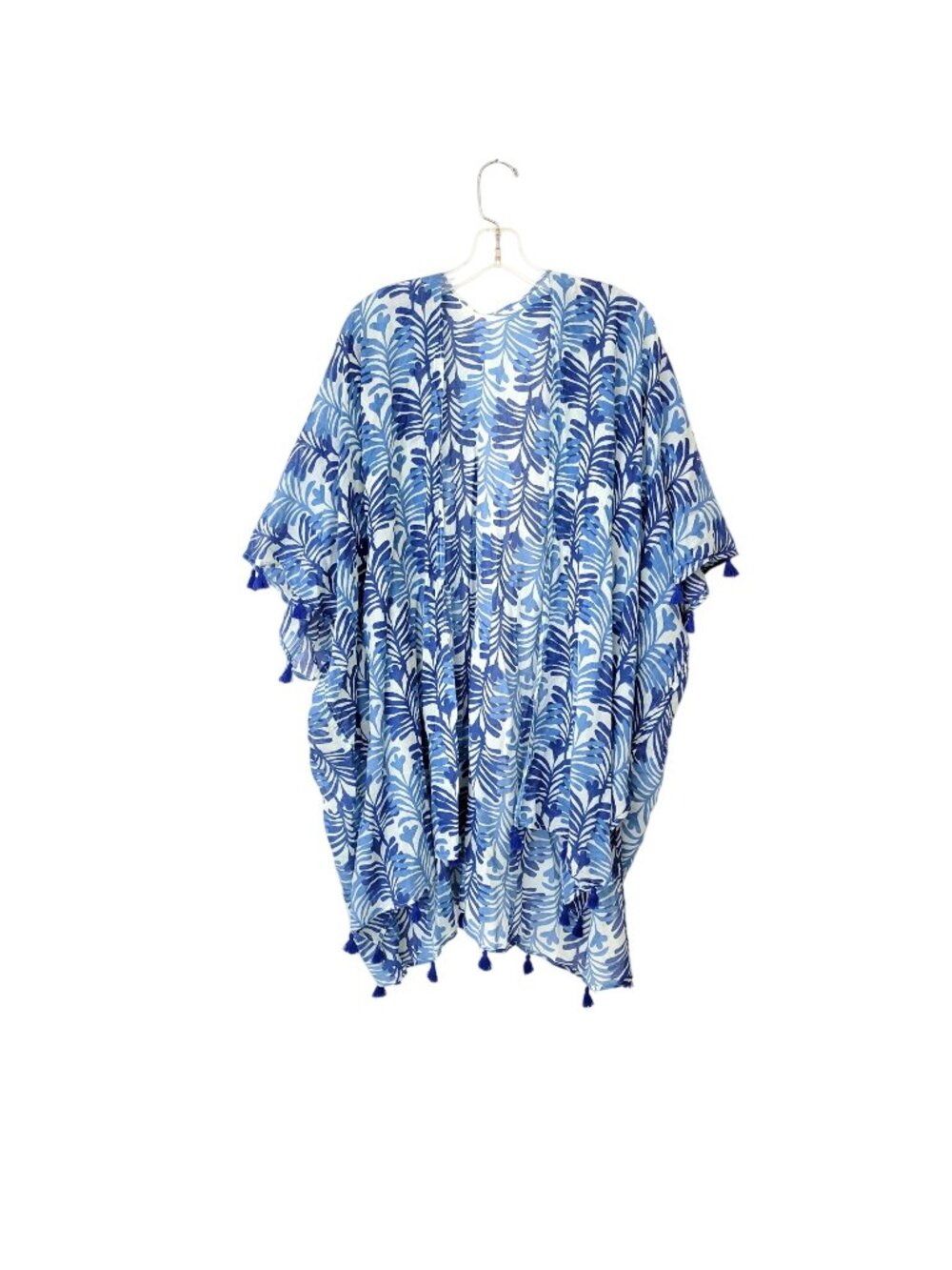 Blue Leaf Print Tassel Trim Kimono Cover Up One Size